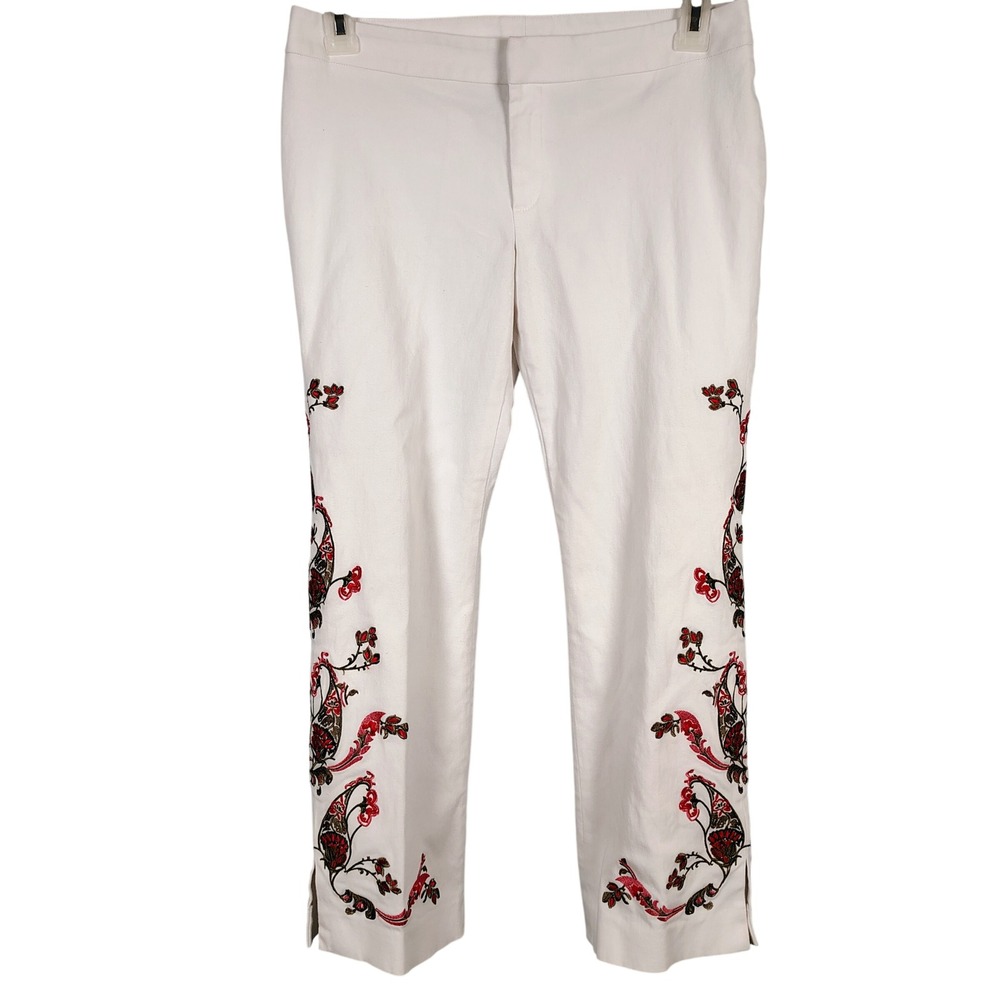 Doncaster Womens SZ 4 Embroidered Paisley Pants White Cotton Boho Coastal Chic